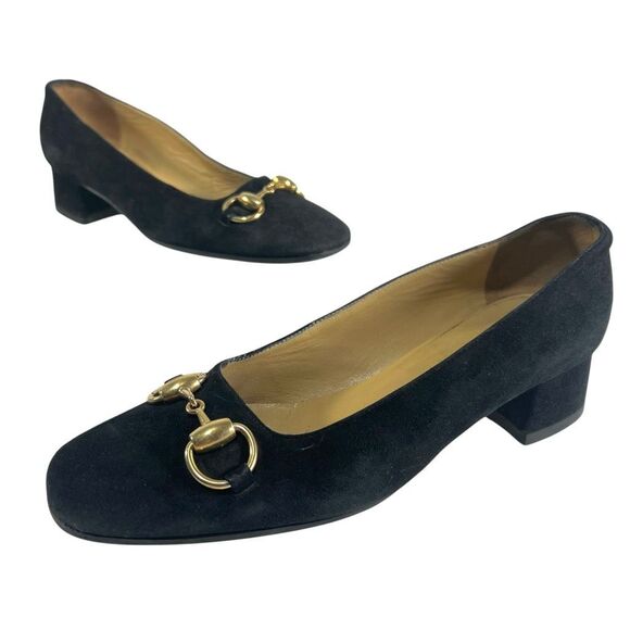 Gucci Suede Horsebit Loafer Size 6.5 Black Block Heel Size 36.5 IT - Picture 1 of 11